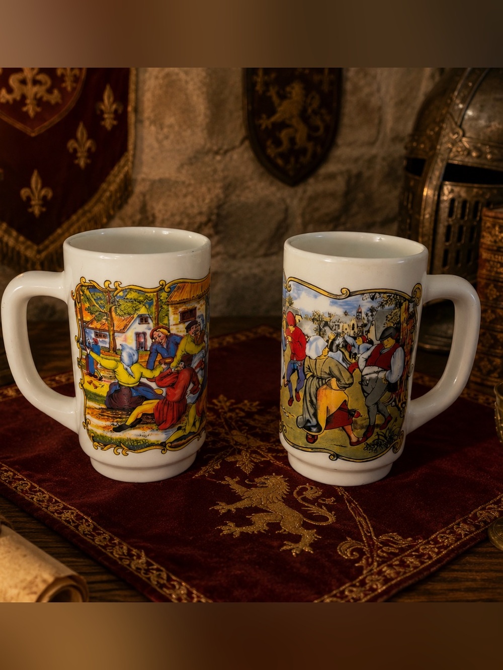 VINTAGE Milk Glass Beer Mugs White with Medieval Folk Scene (Set of 2)